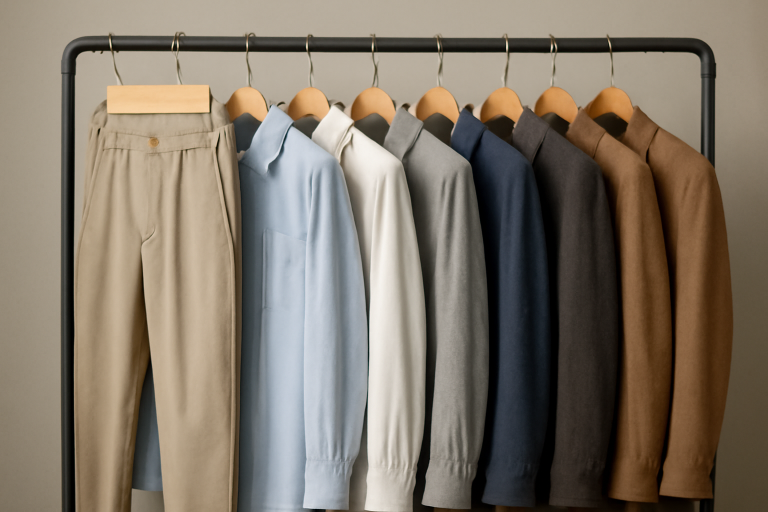pantalons, chemises et vestes alignés sur un portant