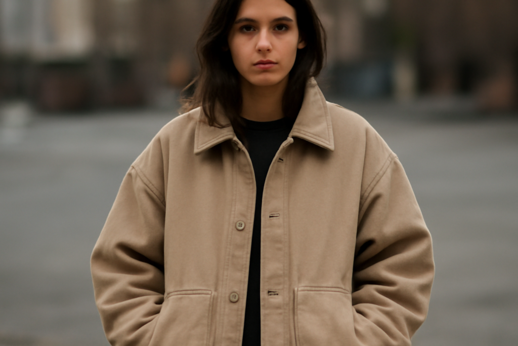 personne portant veste oversize équilibrée
