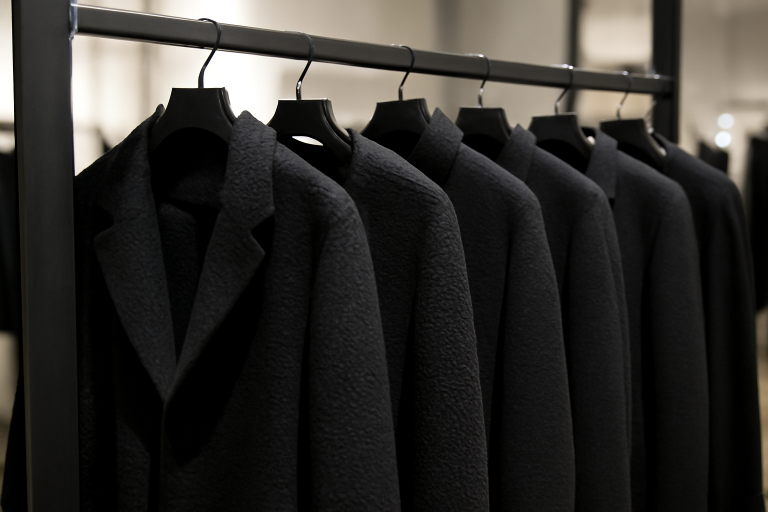 vêtements noirs texturés suspendus dans une boutique