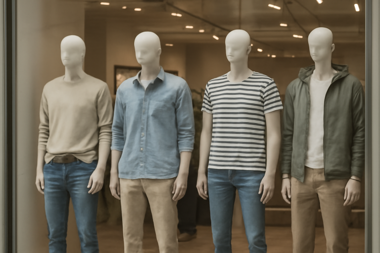 vitrine avec mannequins portant tenues casual variées