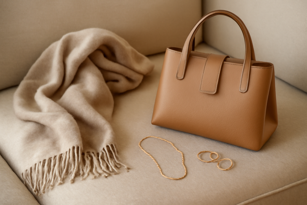 écharpe, sac et bijoux posés sur un canapé