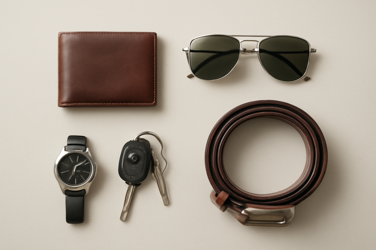série d'accessoires posés sur table neutre