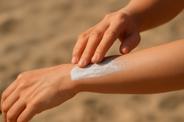mains étalant crème solaire sur avant-bras
