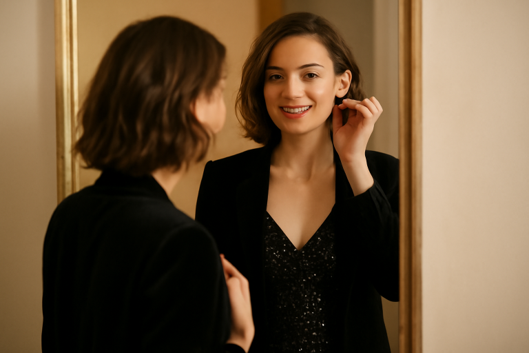 personne stylisant tenue de fête devant miroir