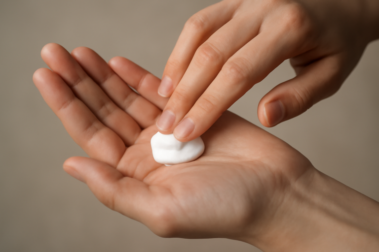 mains appliquant crème dans la paume