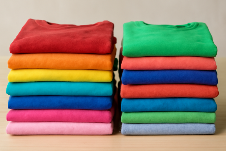piles de vêtements aux couleurs vives posées