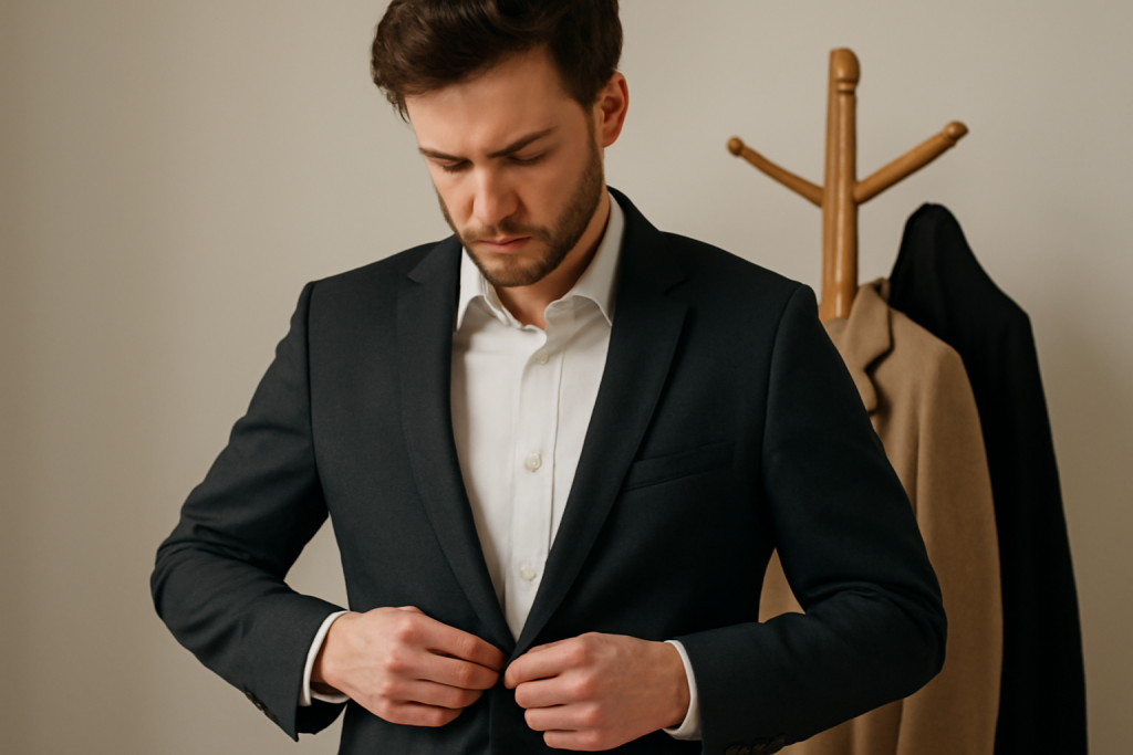 homme ajustant blazer devant porte manteau
