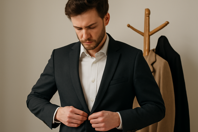 homme ajustant blazer devant porte manteau