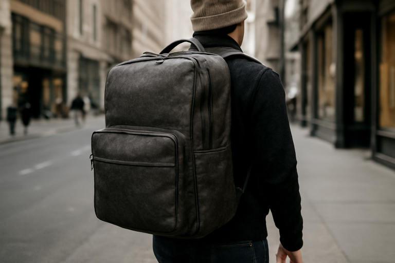 personne portant grand sac texture en ville