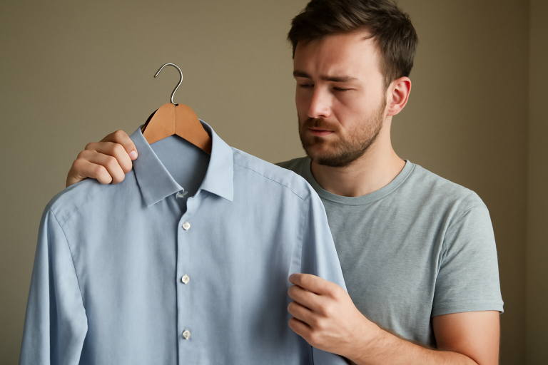 homme essayant chemise sur cintre
