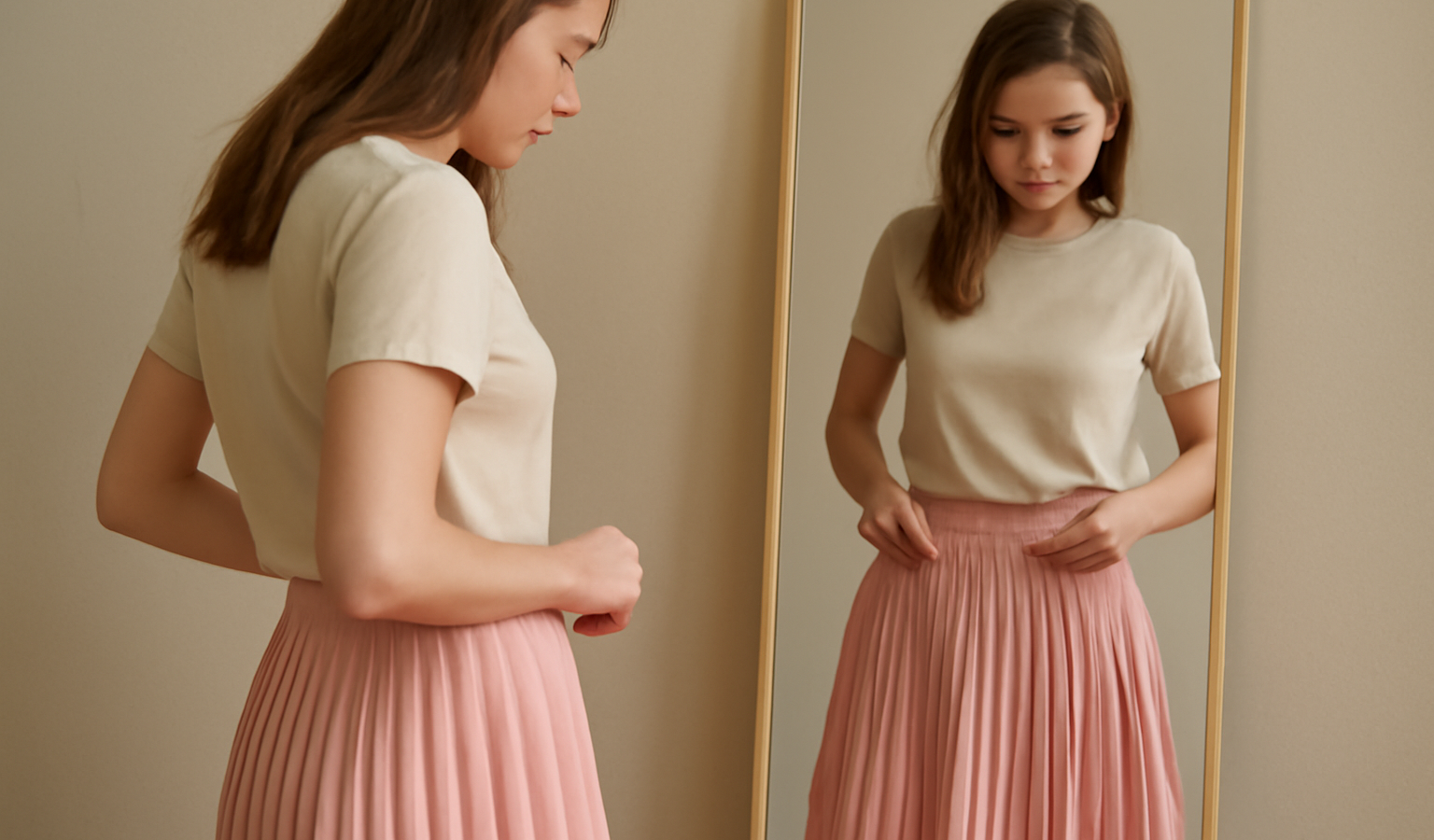 femme ajustant une jupe plissée devant miroir