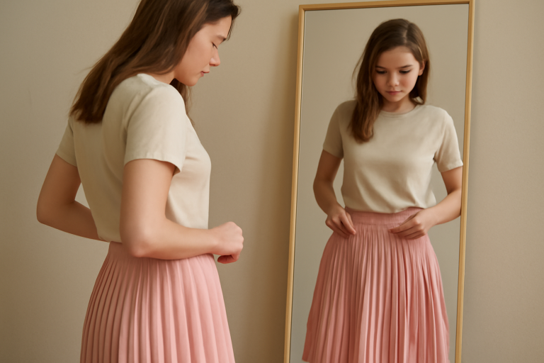 femme ajustant une jupe plissée devant miroir