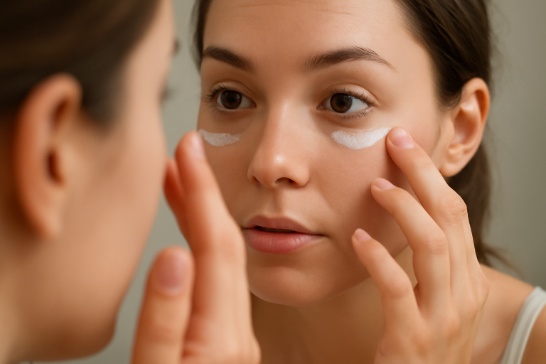 mains appliquant crème sous les yeux devant miroir