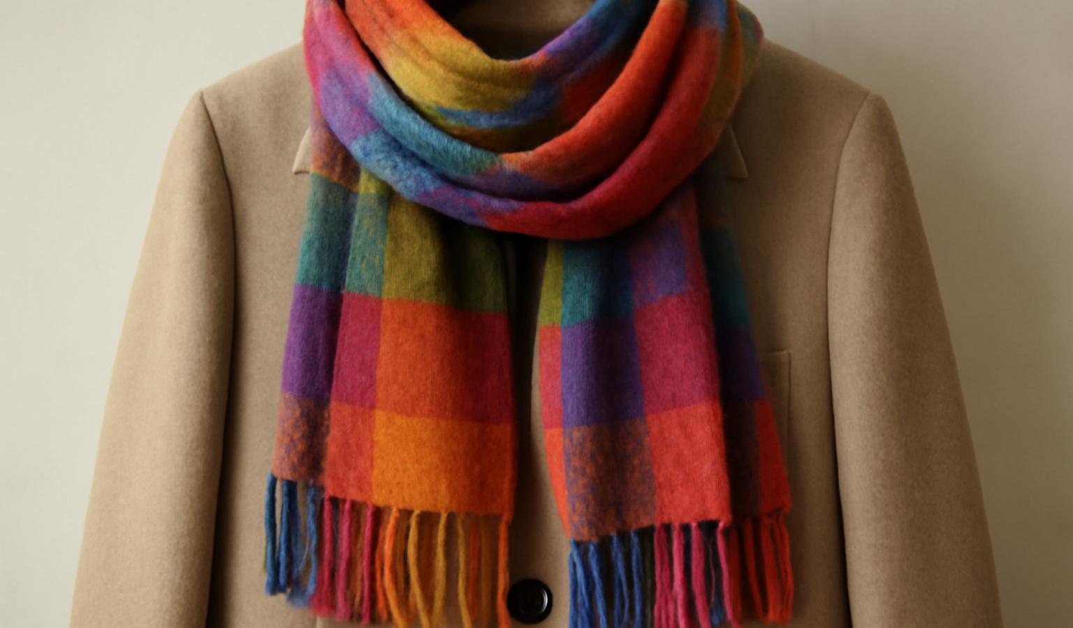 écharpe colorée posée sur un manteau neutre