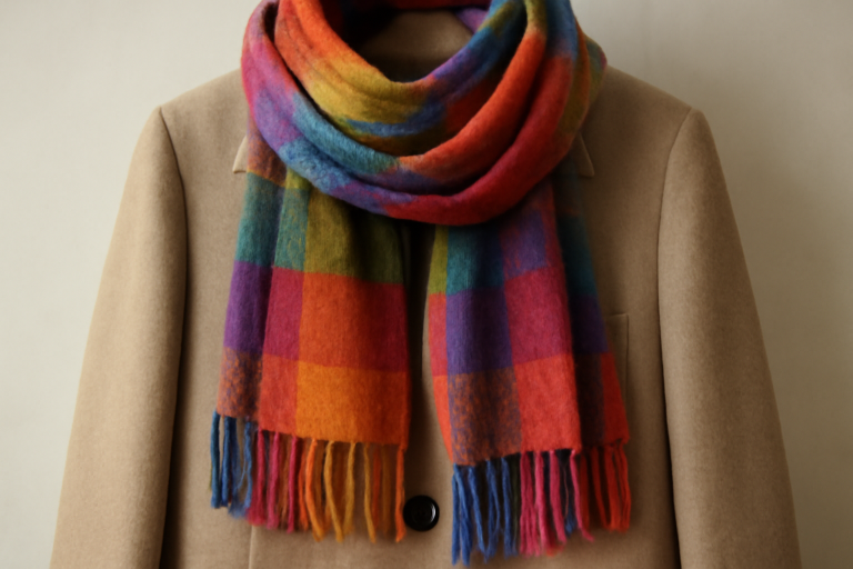 écharpe colorée posée sur un manteau neutre