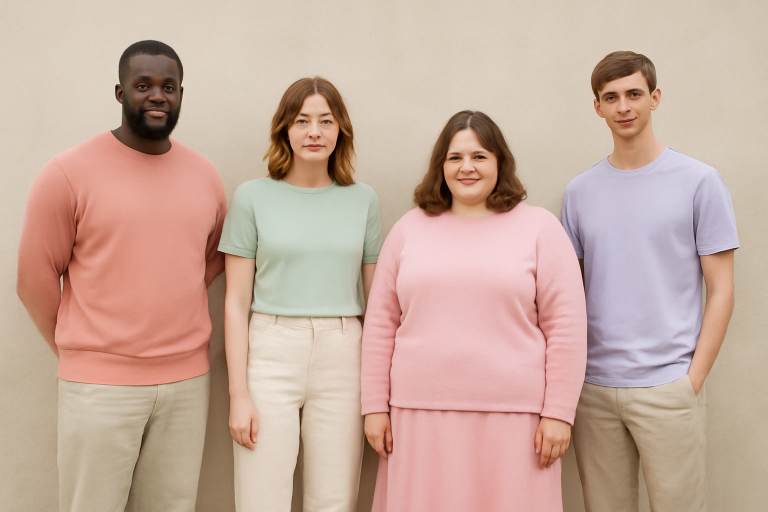 personnes de tailles diverses en tenues pastel