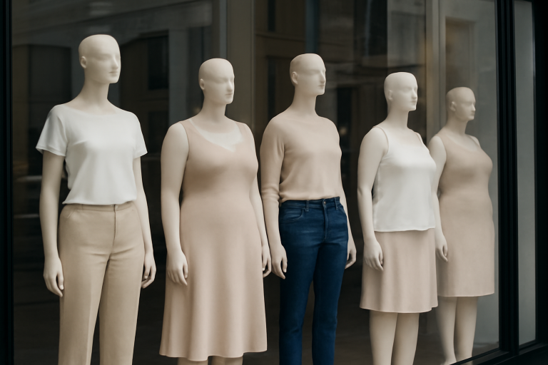 mannequins portant silhouettes variées en vitrine