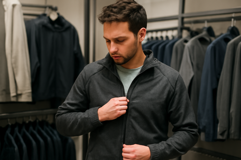 homme testant une veste de sport en magasin