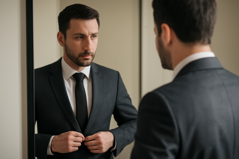 homme ajustant sa veste de costume devant un miroir