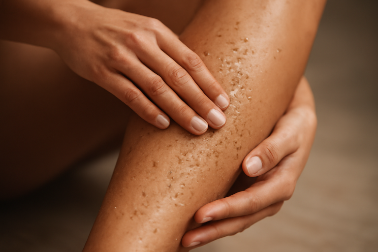 mains frottant gommage sur jambe