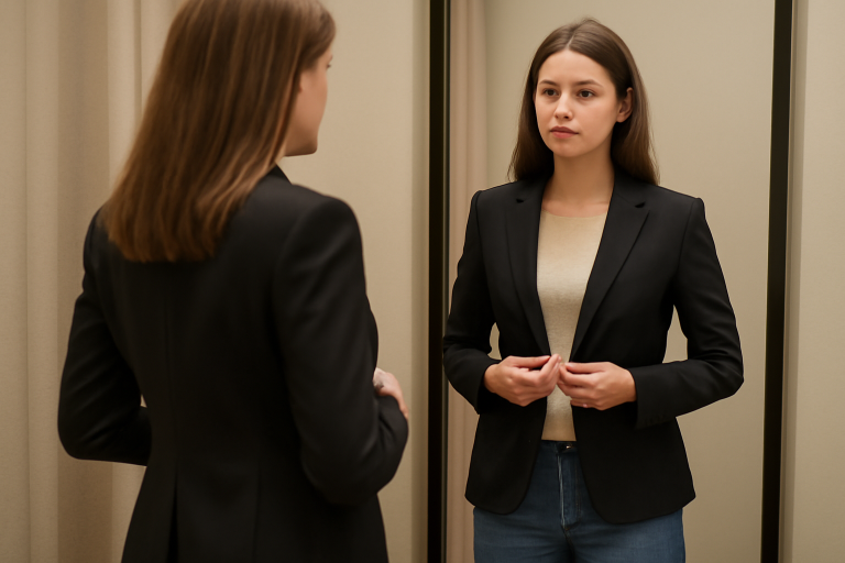 femme essayant veste cintree devant miroir