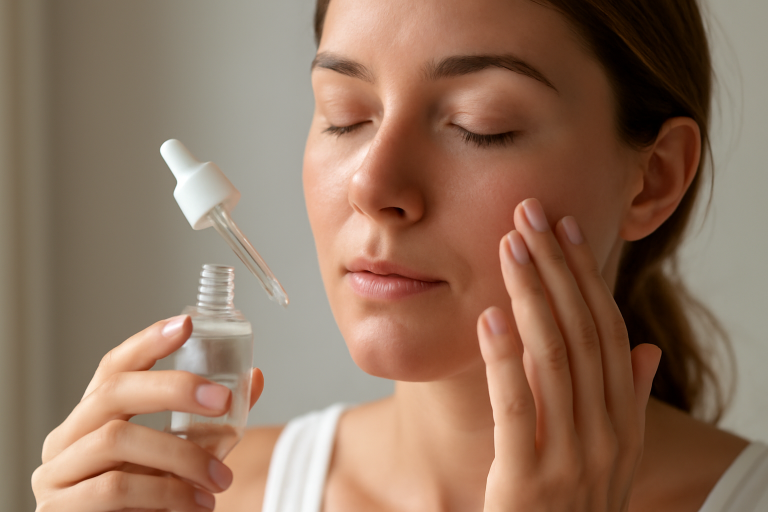 mains tapotant sérum sur visage le matin