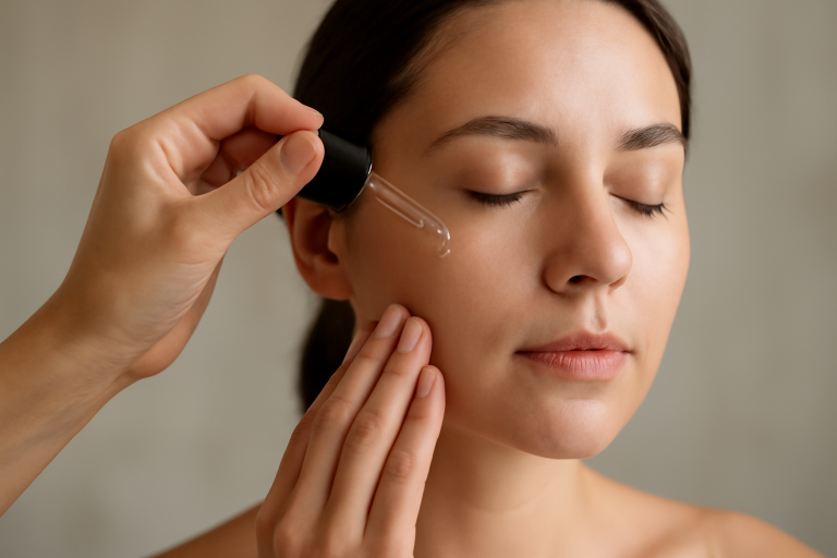 mains appliquant sérum sur visage matin