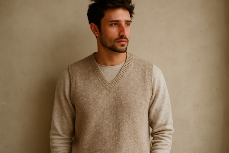 homme portant un gilet en maille douce debout