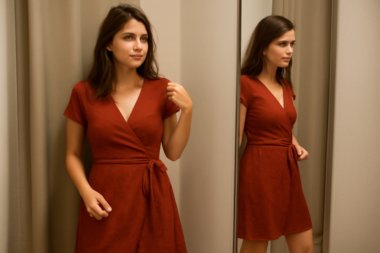 femme essayant une robe portefeuille en cabine