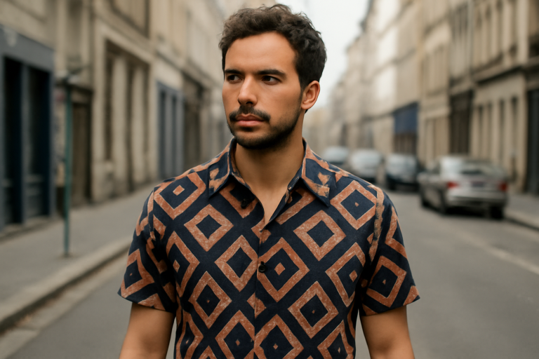 personne portant chemise imprimee geometrique en rue