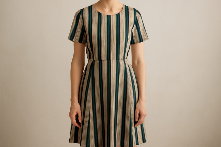 personne portant robe à imprimés verticaux