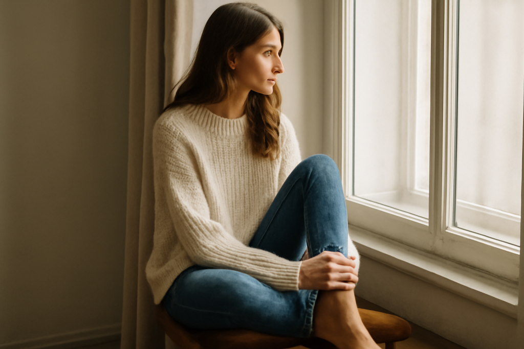 personne en pull et bottines près d'une fenêtre
