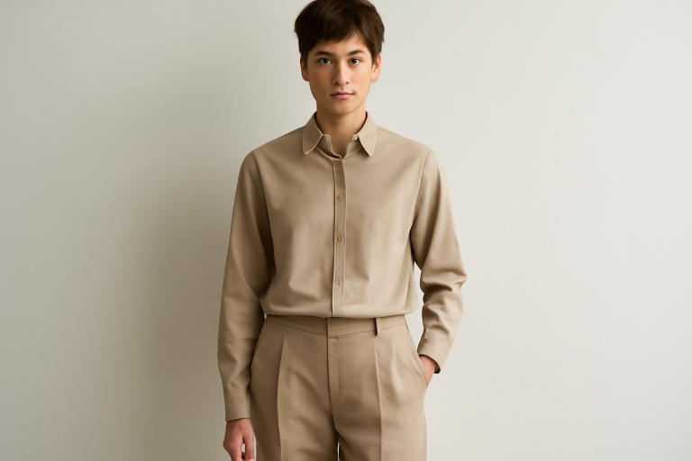 tenue androgyne composée d'une chemise et pantalon