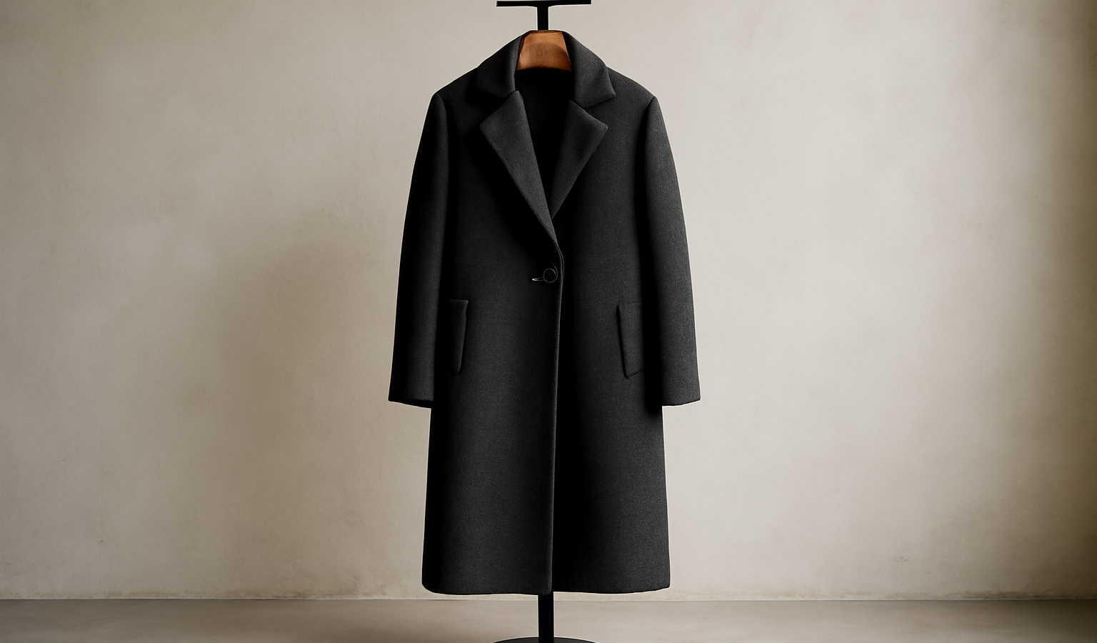manteau long posé sur porte-manteau minimaliste