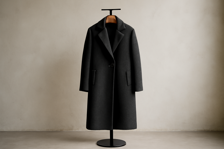 manteau long posé sur porte-manteau minimaliste