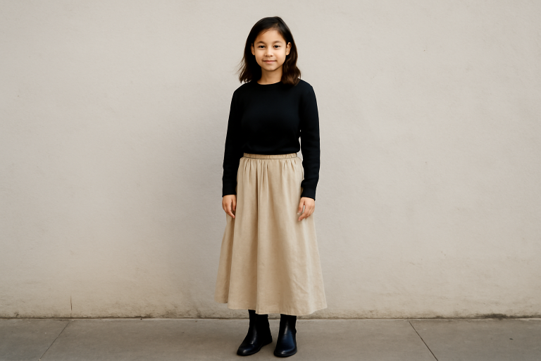 femme petite portant jupe longue et bottines