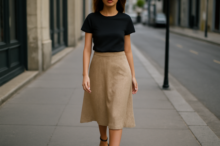 femme portant une jupe midi dans la rue