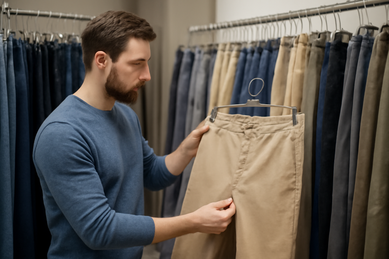 homme choisissant un pantalon en rayon