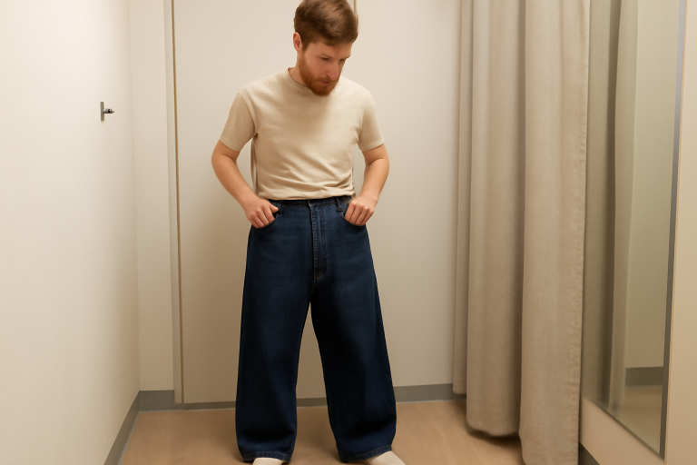 homme essayant un pantalon large en cabine