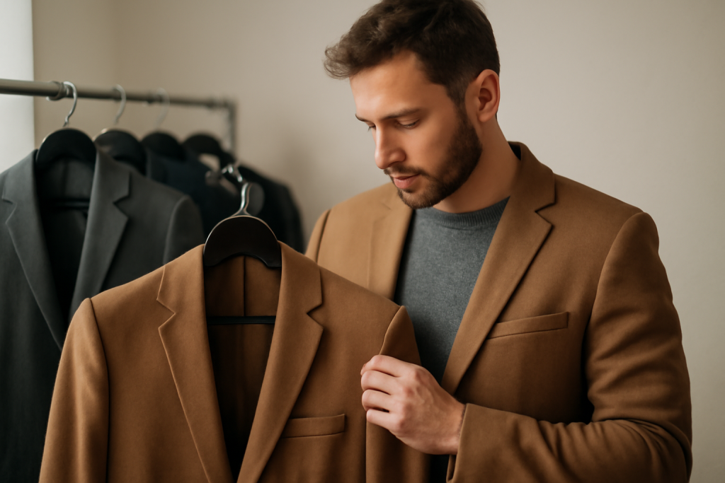 homme essayant une veste sur cintre