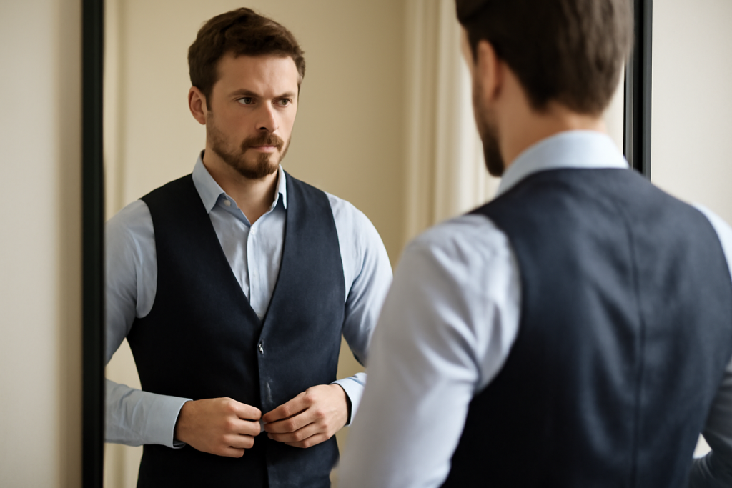 homme superposant chemise et gilet devant miroir