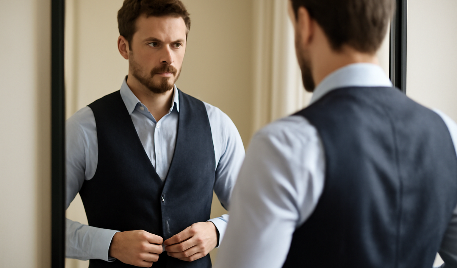 homme superposant chemise et gilet devant miroir