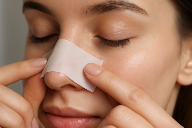 mains passant papier matifiant sur nez