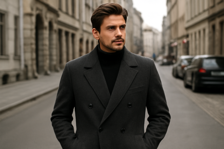 homme en manteau structuré dans rue