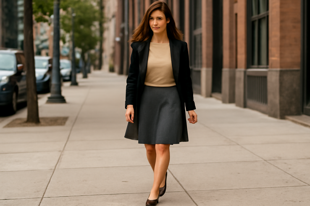 femme en jupe marchant sur trottoir urbain