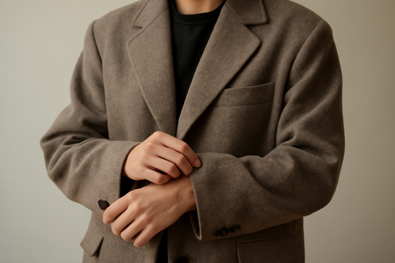 personne ajustant les manches d'une veste oversize