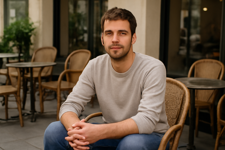 personne assise en terrasse tenue casual