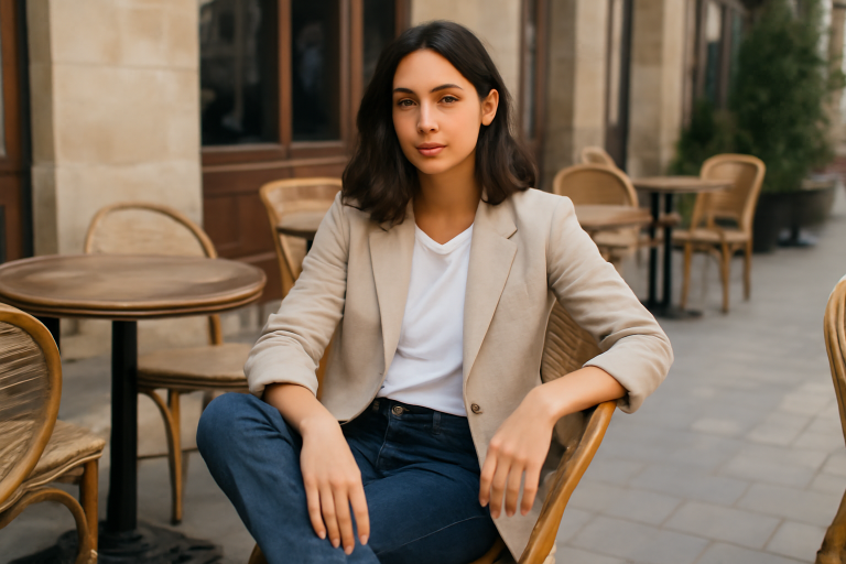 personne assise terrasse en tenue décontractée chic