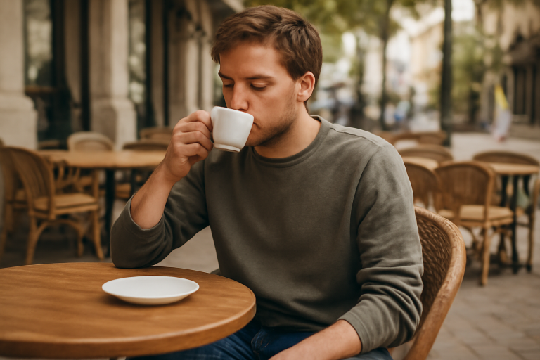 personne en tenue decontractee sirotant cafe en terrasse
