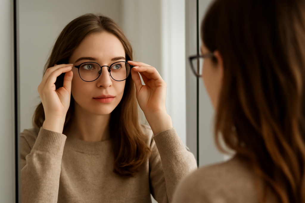 femme essayant des lunettes devant un miroir